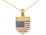 14K Yellow Gold Enameled USA Flag Pendant Necklace with Chain